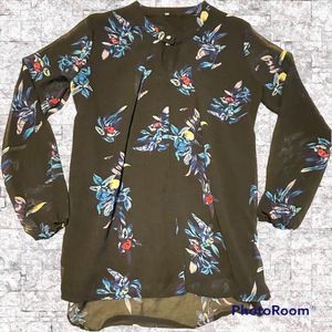 Boutique Ladies Blouse Tunic Top Lined Sheer Sleeve Key Hole Neck Black Floral L